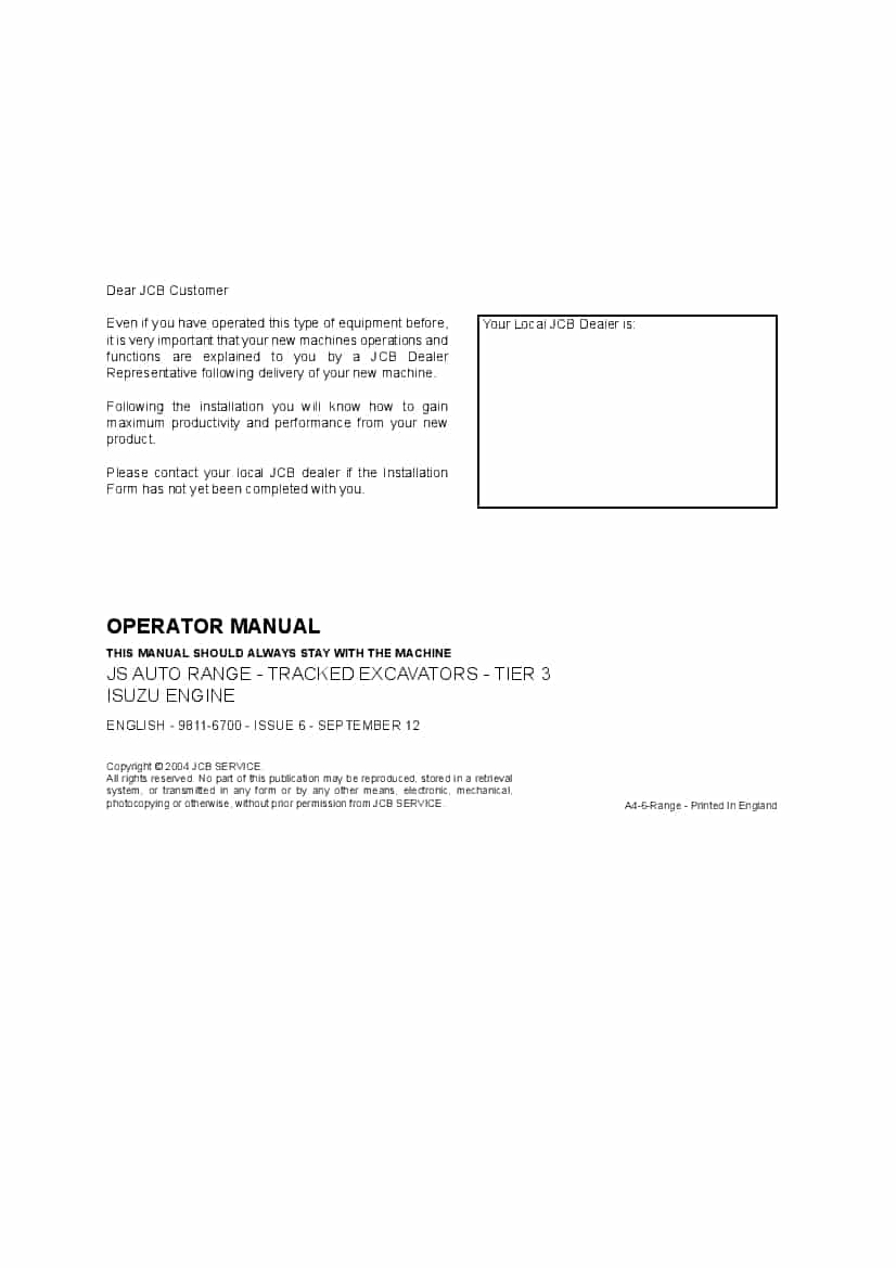 JCB JS115 130 145 160 180 200 220 235 240 290 330 360 Operation and Maintenance Manual PDF download