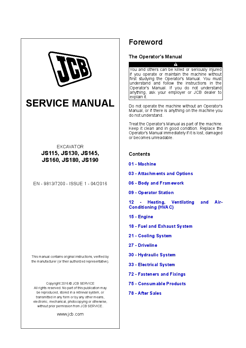 JCB JS115, JS130, JS145, JS160, JS180, JS190 Tier 4 Excavator Workshop Repair Service Manual PDF Download