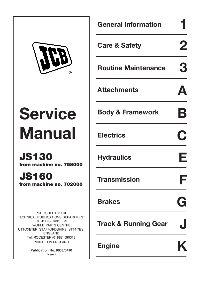 JCB JS130 JS160 Excavator Workshop Repair Service Manual PDF Download