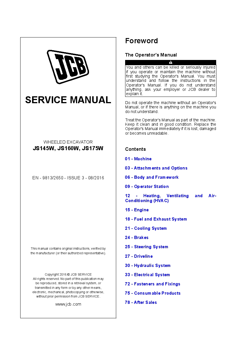JCB JS145W, JS160W, JS175W T4i Wheeled Excavator Workshop Repair Service Manual PDF Download