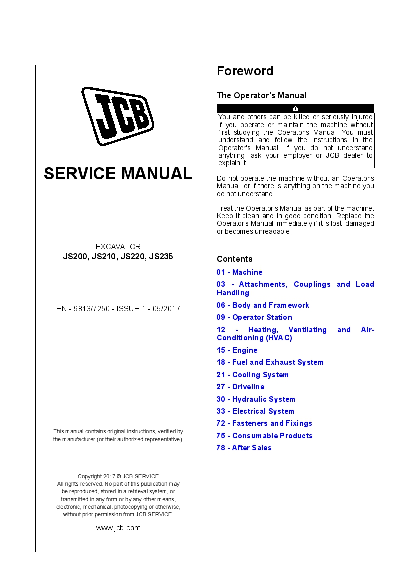 JCB JS200, JS210, JS220, JS235 Tier 2 3 Excavator Workshop Repair Service Manual PDF Download