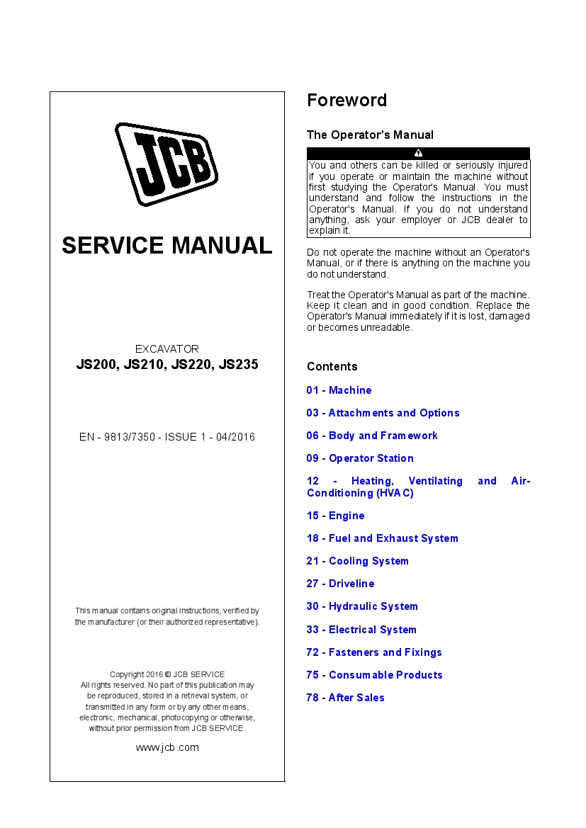 JCB JS200, JS210, JS220, JS235 Tier 4F Excavator Workshop Repair Service Manual PDF Download