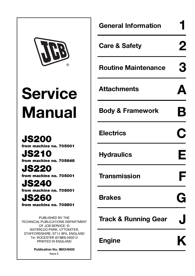 JCB JS200 JS210 JS220 JS240 JS260 Excavator Workshop Repair Service Manual PDF Download