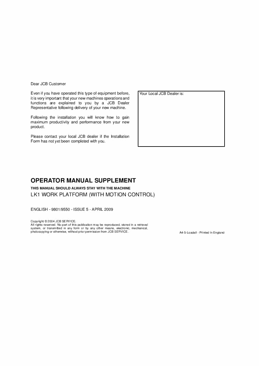 JCB LK1 Work Platform 535-125, 535-140, 540-140, 540-170, 550-170, 5508 Operation and Maintenance Manual PDF download