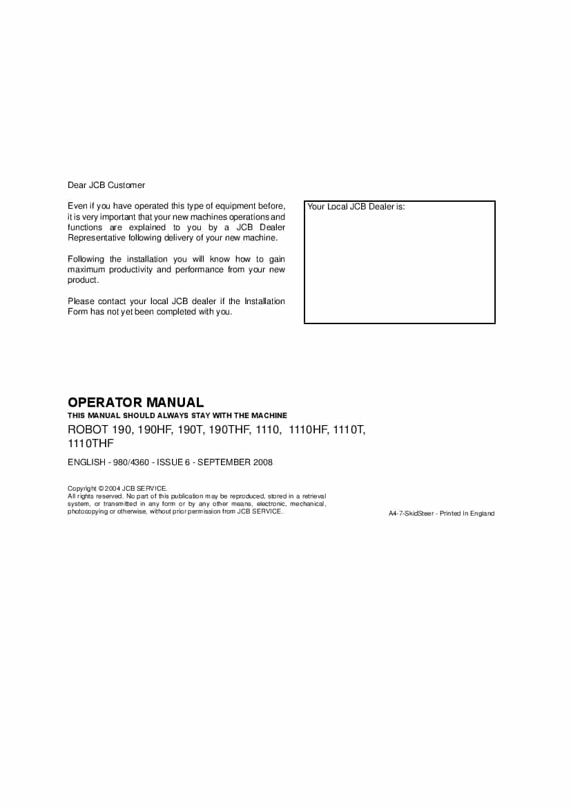JCB Robot 190, 1110 F T HF Skid Steer Loader Operation and Maintenance Manual PDF download