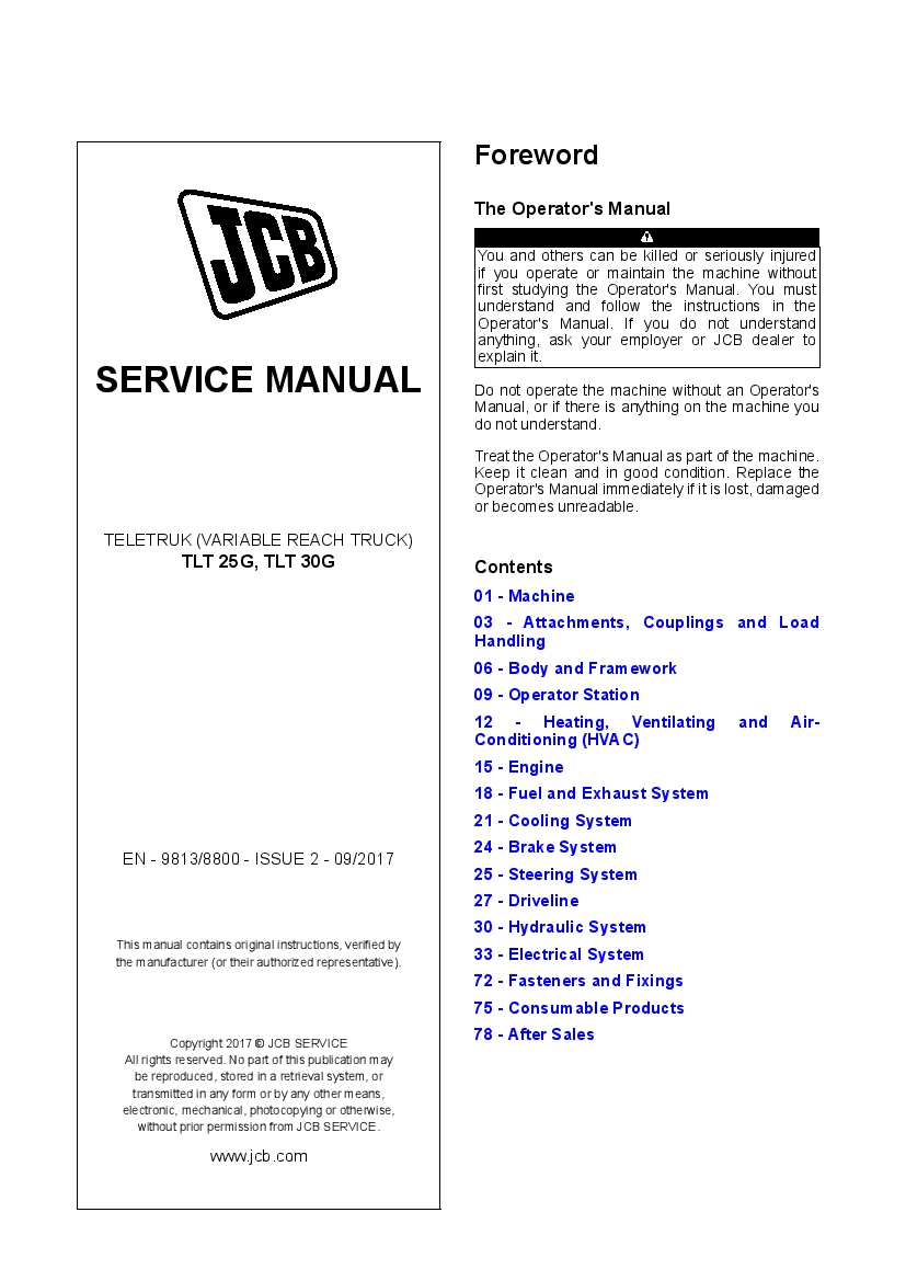 JCB TLT 25G, TLT 30G Teletruk Workshop Repair Service Manual PDF Download