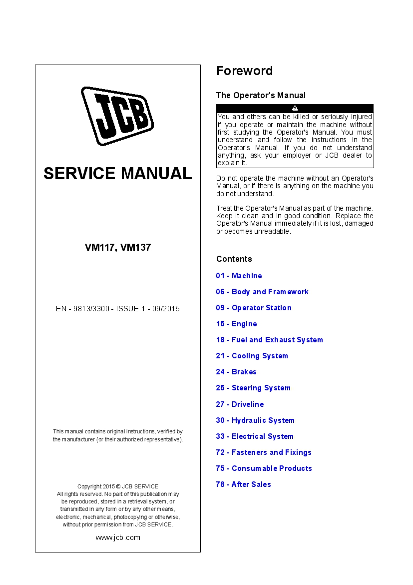 JCB VM117, VM137 Tier 4i Double Drum Rollers Workshop Repair Service Manual PDF Download