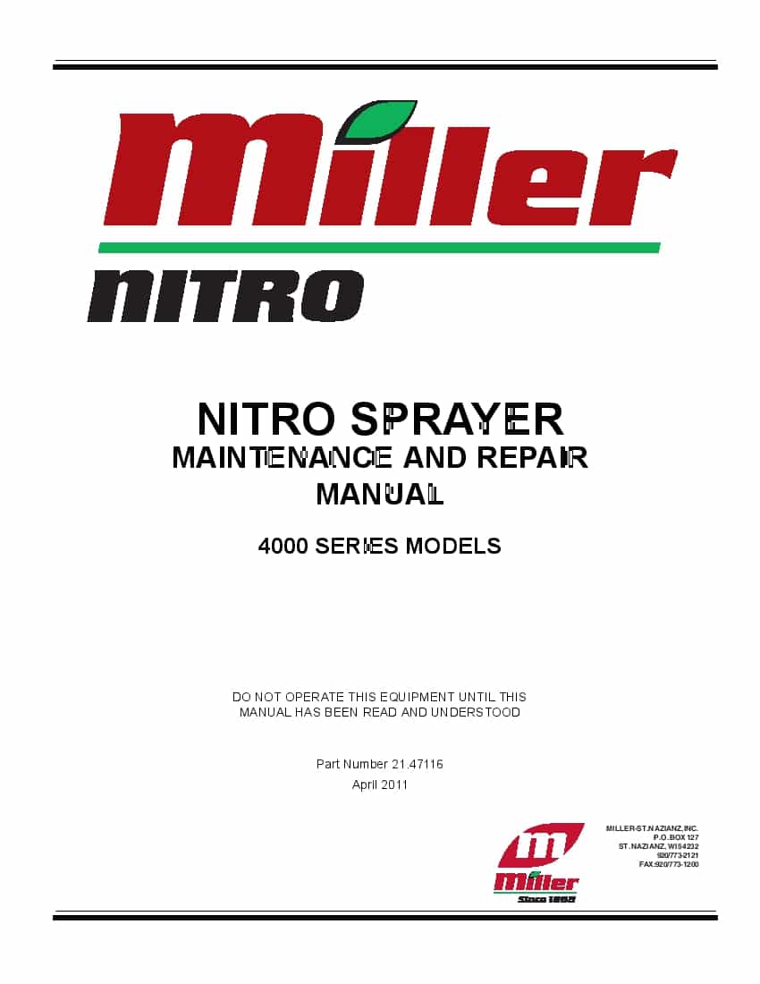 Miller 4215 4240 4275 4315 4365 Nitro Sprayer Workshop Repair Service Manual PDF Download