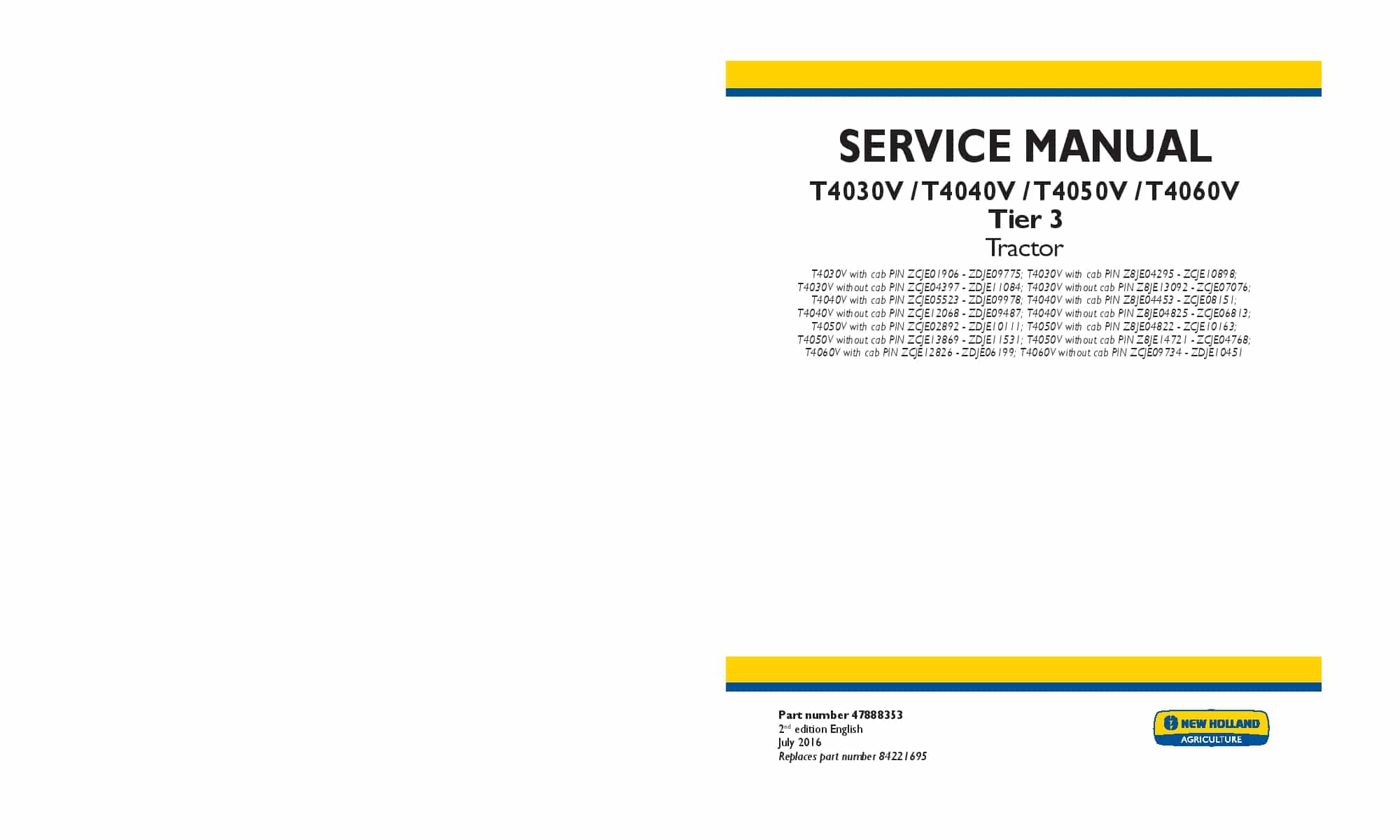 New Holland 4030V, T4040V, T4050V, T4060V Tier 3 Tractor Workshop Repair Service Manual PDF Download