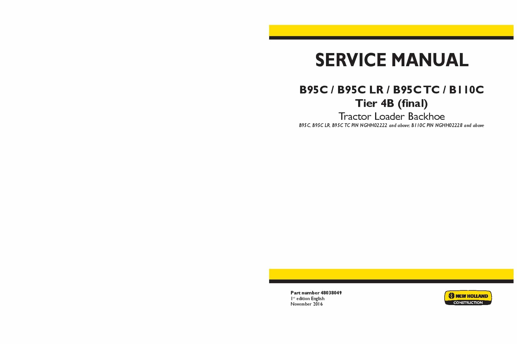 New Holland B95C B95CLR B95CTC B110C Tier 4B final Tractor Loader Backhoe Workshop Repair Service Manual PDF Download