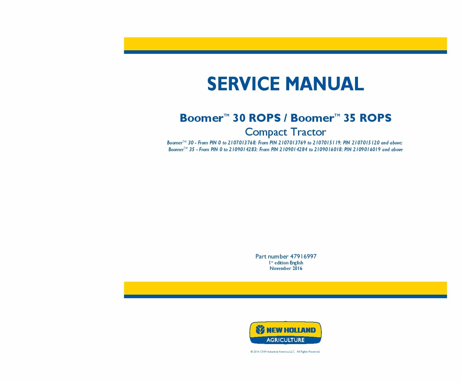 New Holland Boomer 30 ROPS, Boomer 35 ROPS Compact Tractor Workshop Repair Service Manual PDF Download