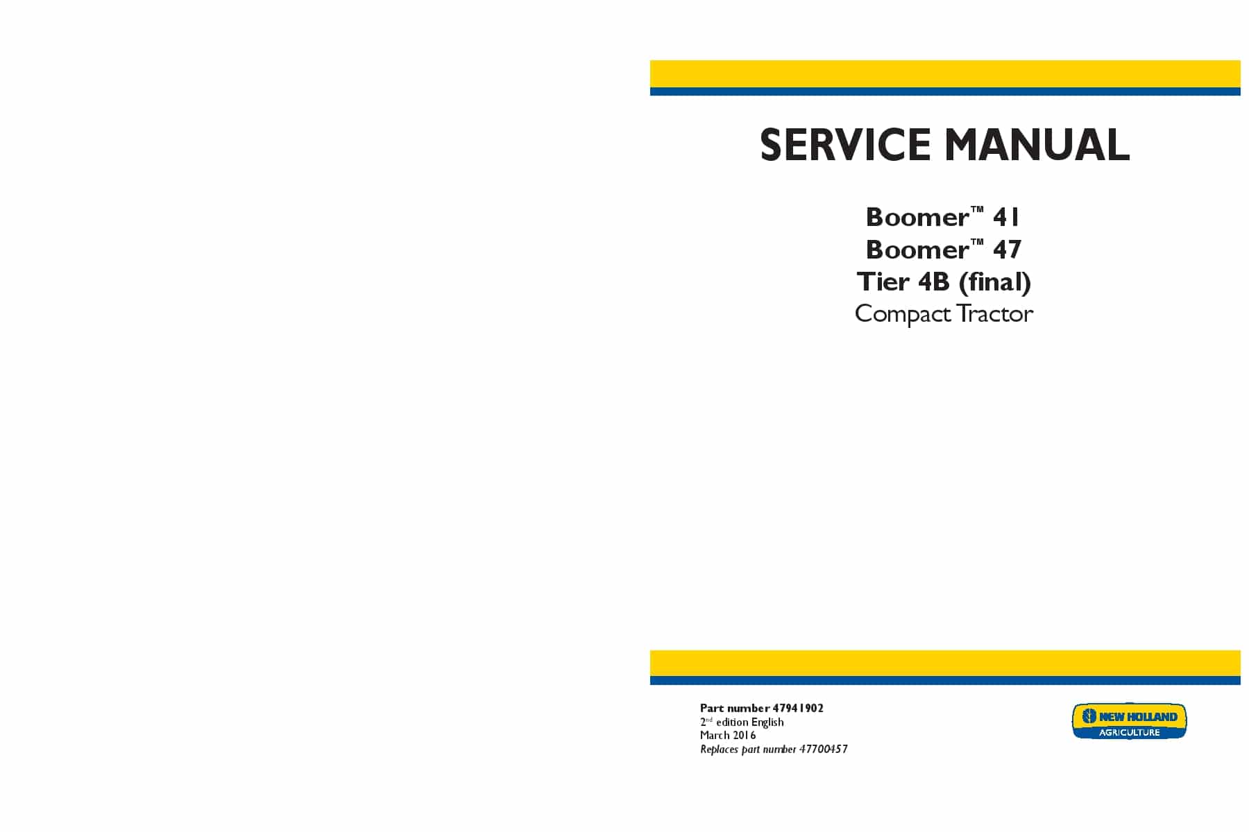 New Holland Boomer 41, 47 Tier 4B final compact Workshop Repair Service Manual PDF Download