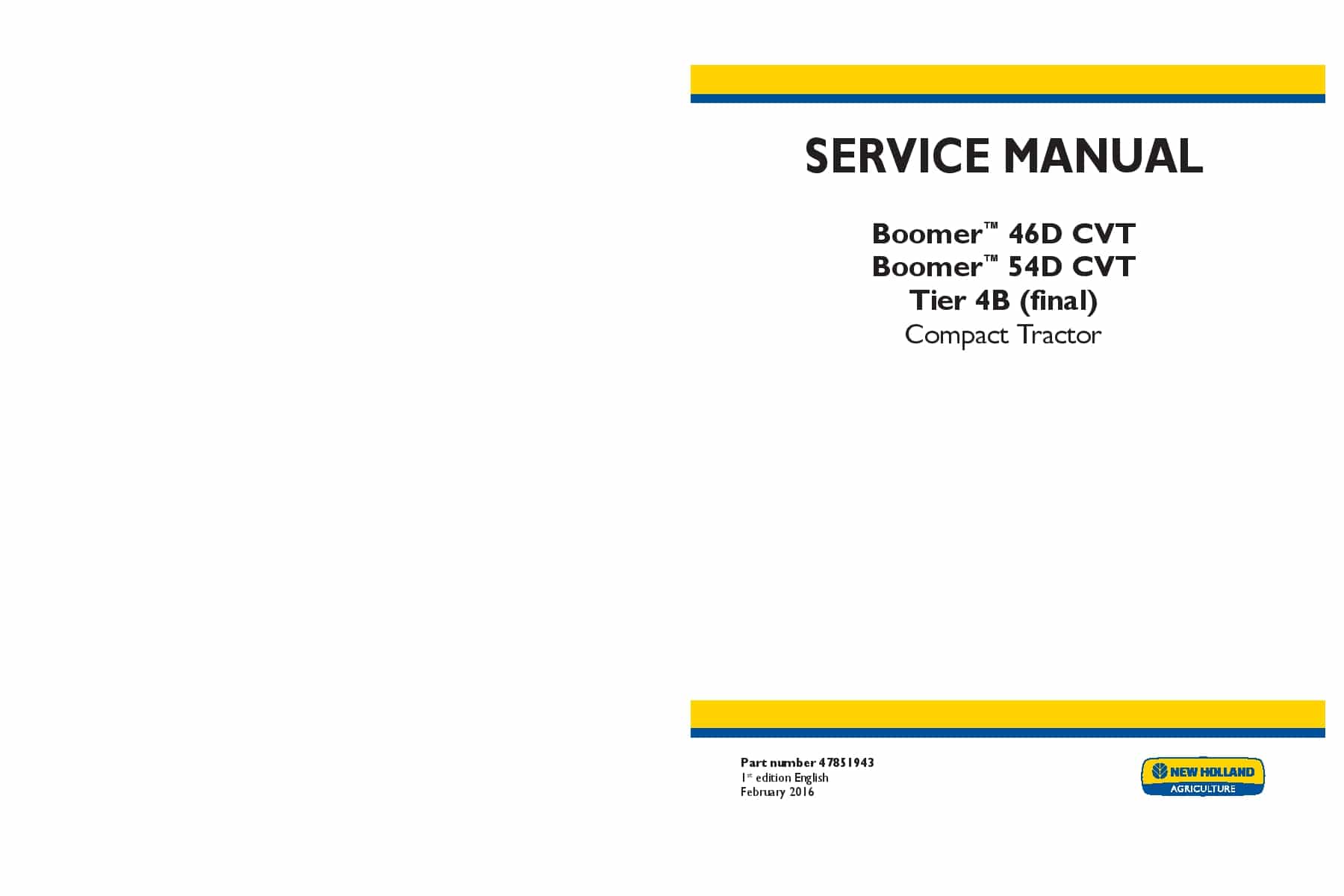 New Holland Boomer 46D CVT, 54D, CVT Tier 4B final Compact Tractor Workshop Repair Service Manual PDF Download