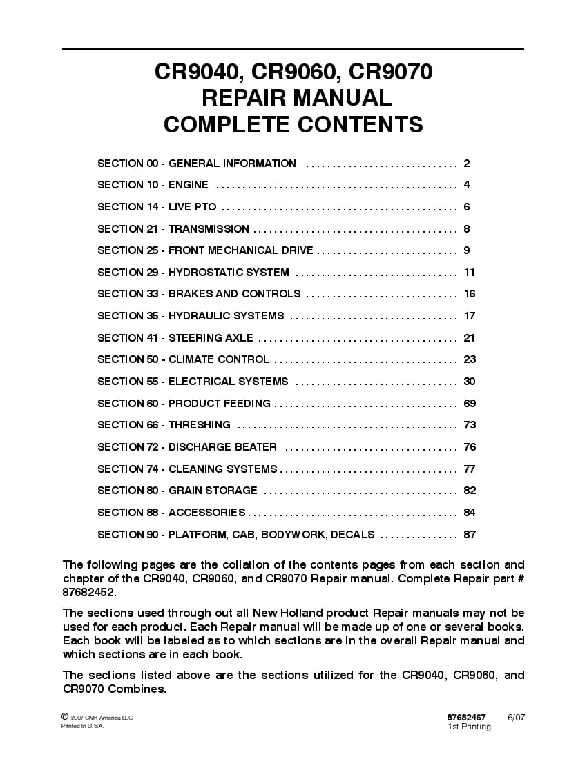 New Holland CR9040, CR9060, CR9070 Combine Workshop Repair Service Manual PDF Download