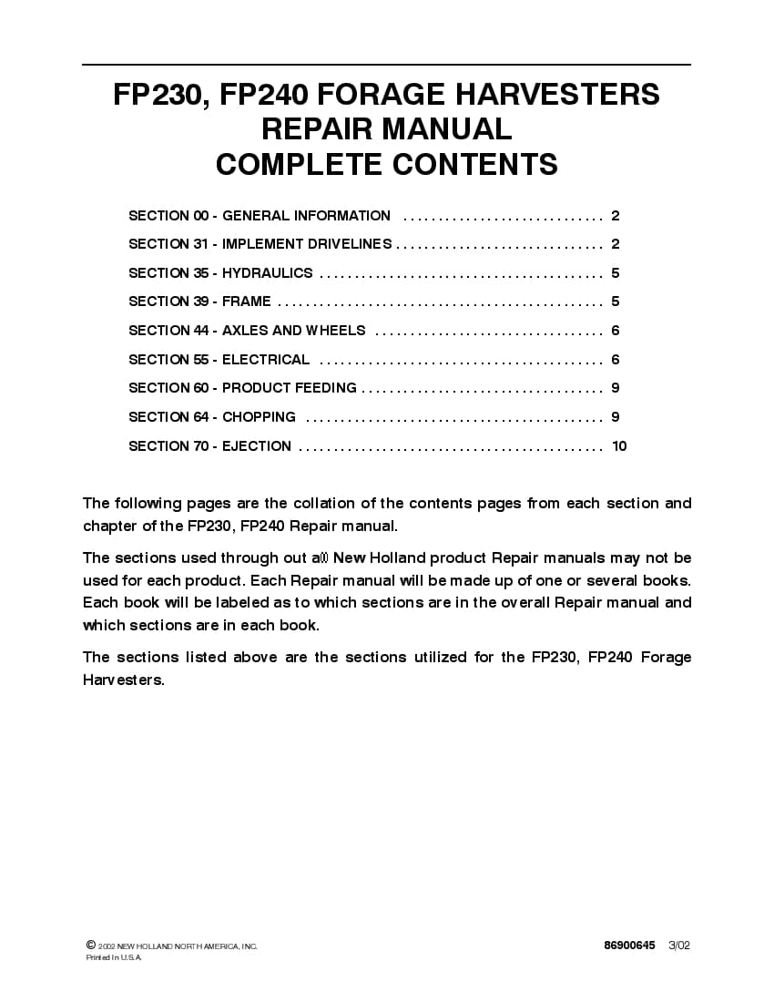 New Holland FP230 FP240 Forage Harvester Workshop Repair Service Manual PDF Download