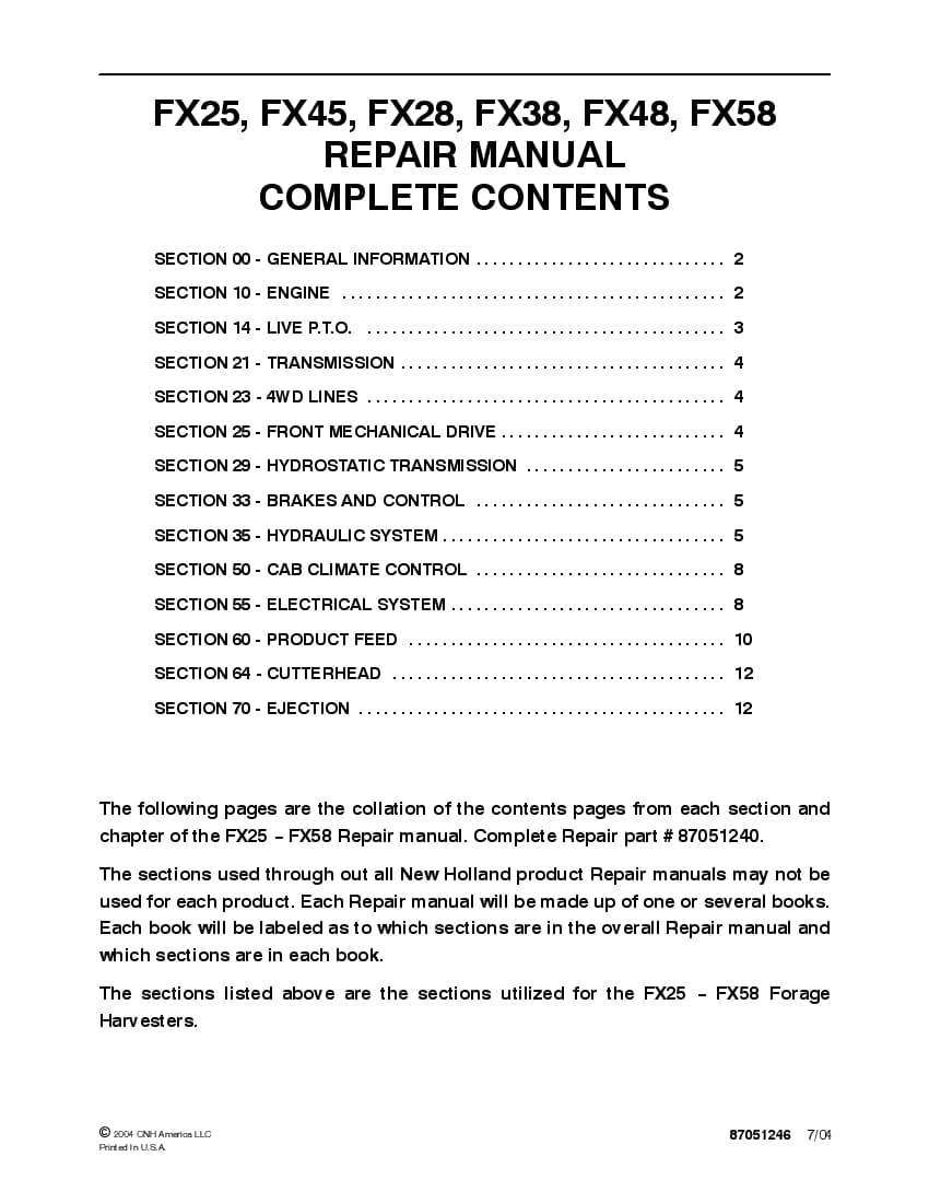 New Holland FX25, FX45, FX28, FX38, FX48, FX58 Forage Harvesters Workshop Repair Service Manual PDF Download