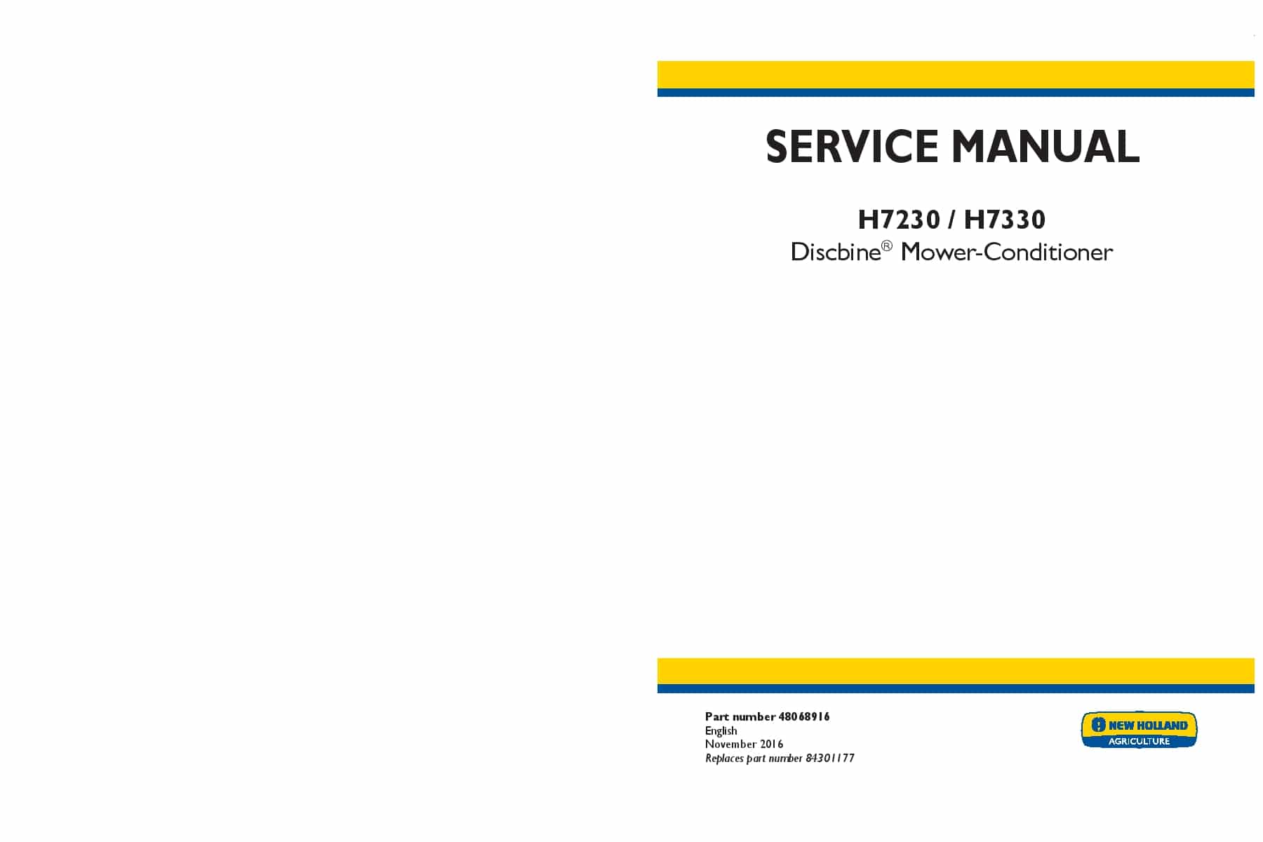 New Holland H7230 H7330 Discbine Mower-Conditioner Workshop Repair Service Manual PDF Download
