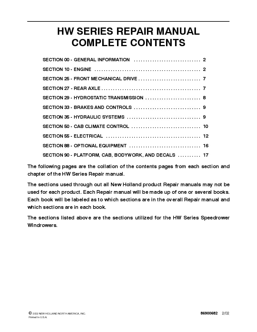New Holland HW300 HW320 HW340 HW Series Speedrower Windrowers Workshop Repair Service Manual PDF Download