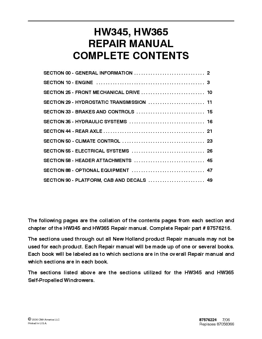 New Holland HW345 HW365 Self-Propelled Windrowers Workshop Repair Service Manual PDF Download