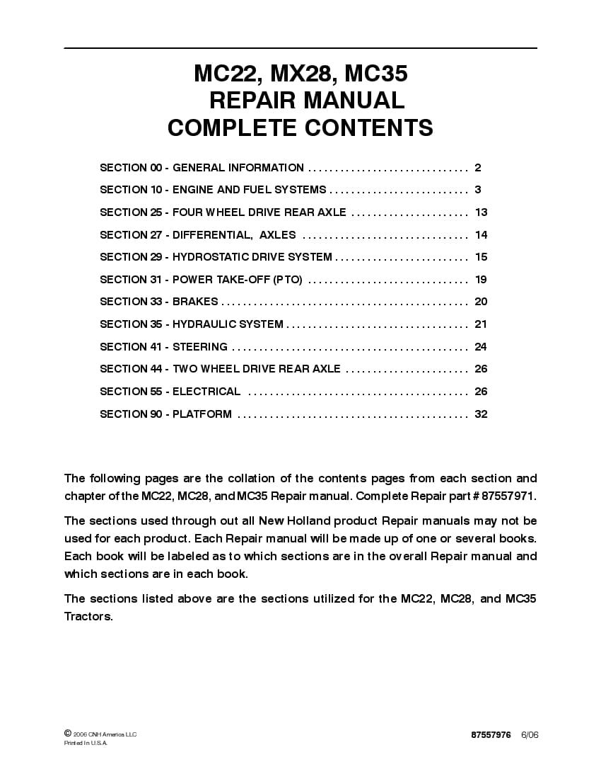New Holland MC22, MC28, MC35 Tractors Workshop Repair Service Manual PDF Download