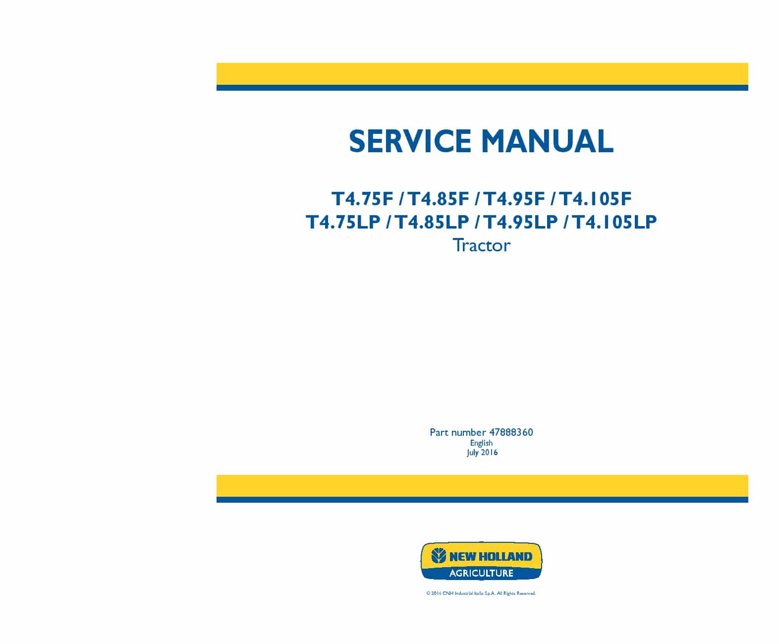 New Holland T4.105F, T4.105LP, T4.75F, T4.75LP, T4.85F, T4.85LP, T4.95F, T4.95LP Tractor Workshop Repair Service Manual PDF Download