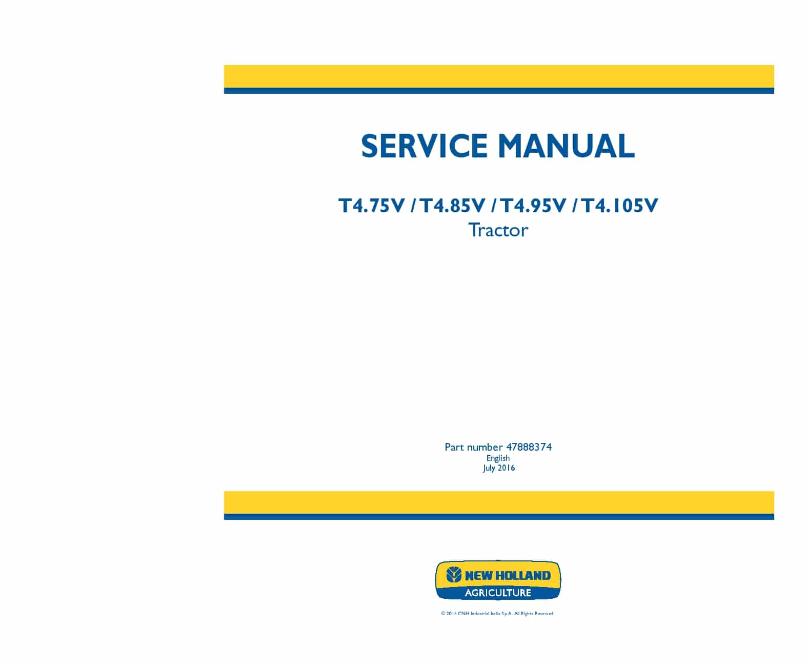 New Holland T4.75V T4.85V T4.95V T4.105V Tractor Workshop Repair Service Manual PDF Download