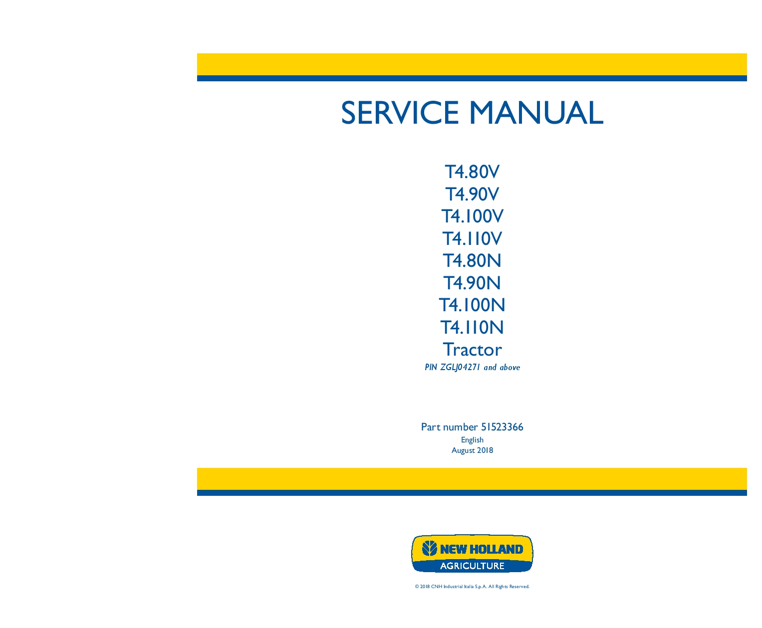 New Holland T4.80V, T4.90V, T4.100V, T4.110V, T4.80N, T4.90N, T4.100N, T4.110N Tractor Workshop Repair Service Manual PDF Download