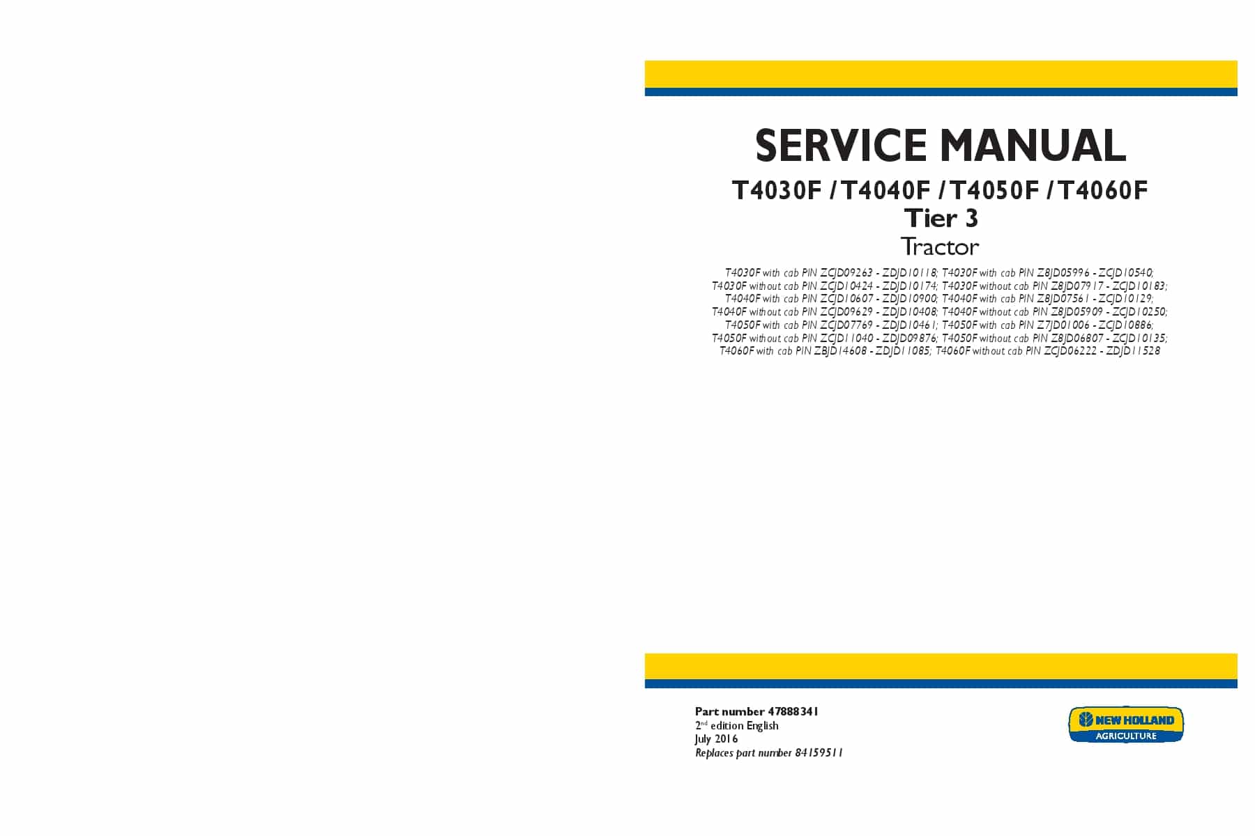 New Holland T4030F, T4040F, T4050F, T4060F Tier 3 Tractor Workshop Repair Service Manual PDF Download