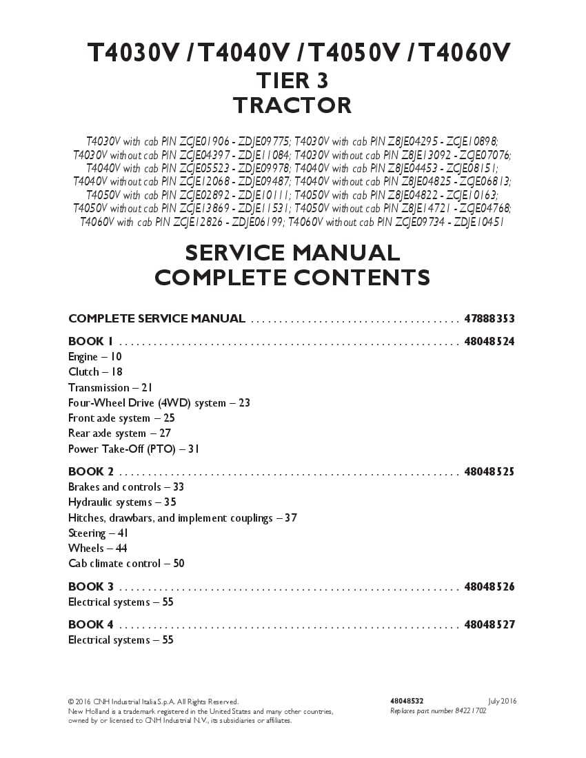 New Holland T4030V T4040V T4050V T4060V Tier 3 Tractor Workshop Repair Service Manual PDF Download