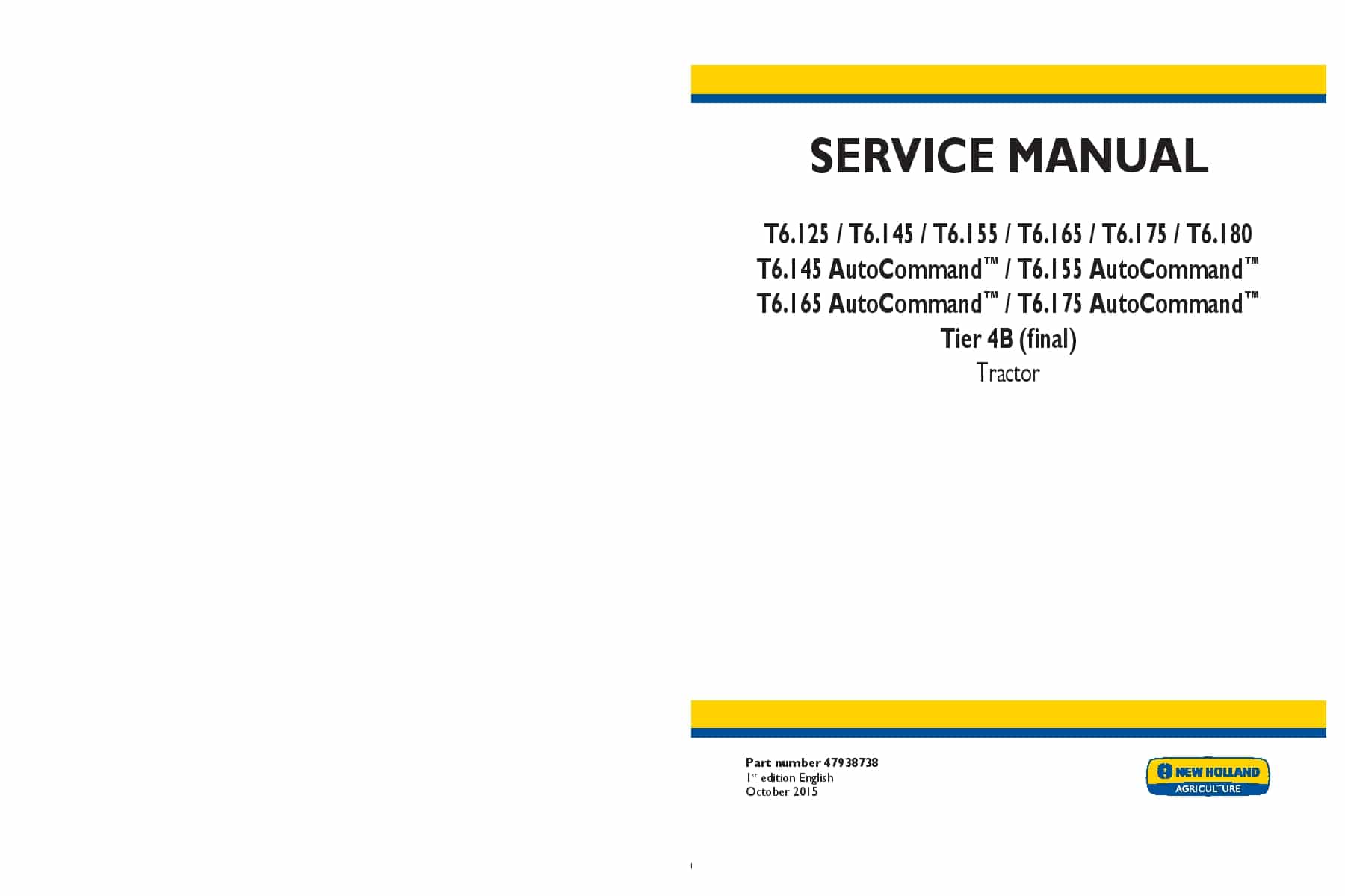 New Holland T6.125, T6.145, T6.155, T6.165, T6.175, T6.180 AutoCommand Tier 4B final Tractor Workshop Repair Service Manual PDF Download