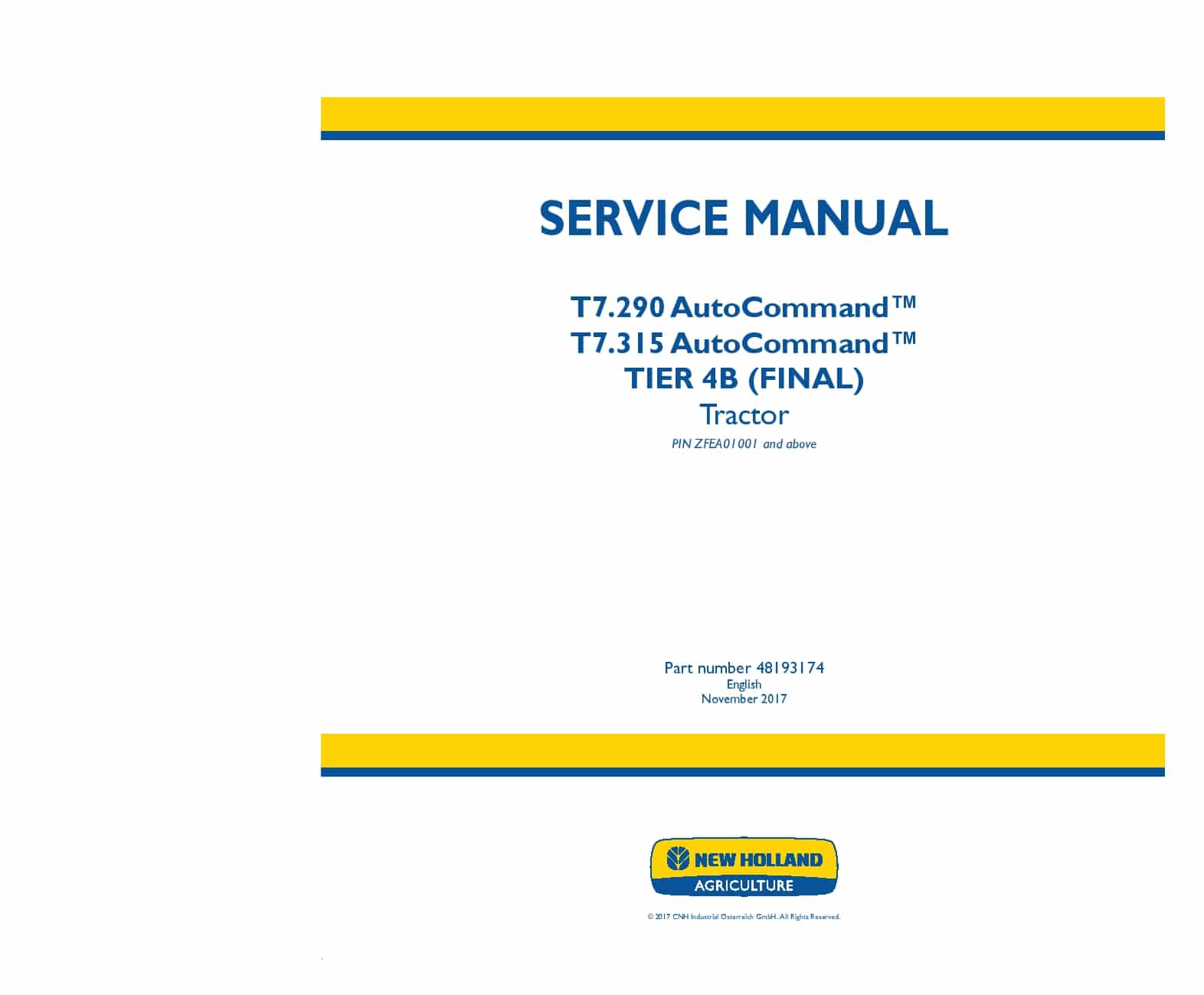New Holland T7.290 AutoCommand, T7.315 AutoCommand Tier 4B final Tractor Workshop Repair Service Manual PDF Download