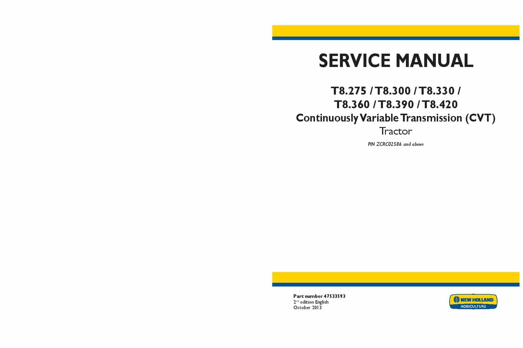 New Holland T8.275, T8.300, T8.330, T8.360, T8.390, T8.420 Tractor Powershift and CVT Transmission Workshop Repair Service Manual PDF Download