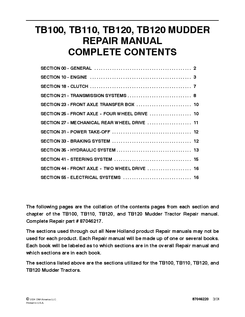 New Holland TB100, TB110, TB120, TB120 Mudder Tractors Workshop Repair Service Manual PDF Download