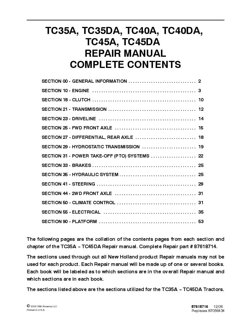 New Holland TC35A, TC35DA, TC40A, TC40DA, TC45A, TC45DA Tractors Workshop Repair Service Manual PDF Download