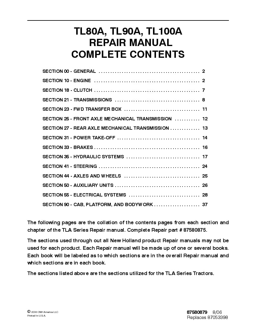 New Holland TL60E, TL75E, TL85E, TL95E Tractor 0806 Workshop Repair Service Manual PDF Download