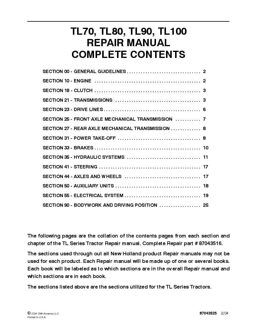 New Holland TL70 TL80 TL90 TL100 Tractors Workshop Repair Service Manual PDF Download