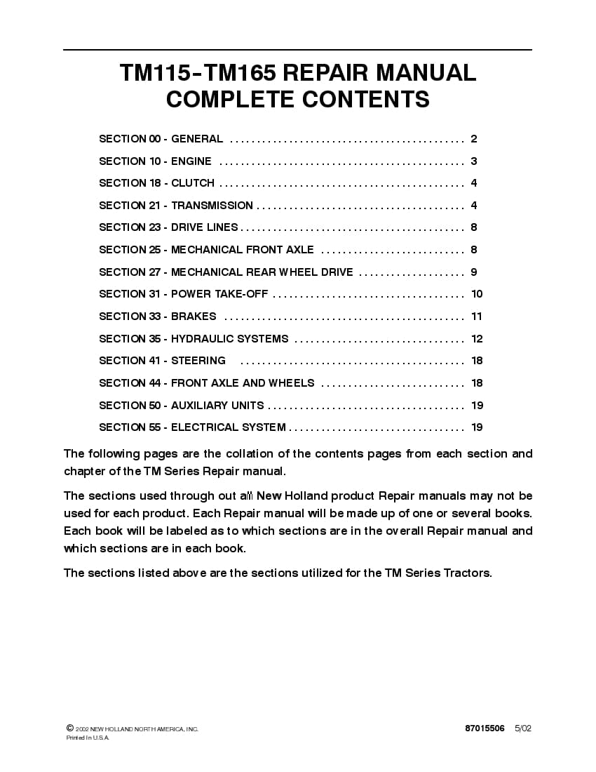 New Holland TM115 TM125 TM135 TM150 TM165 Tractor Workshop Repair Service Manual PDF Download