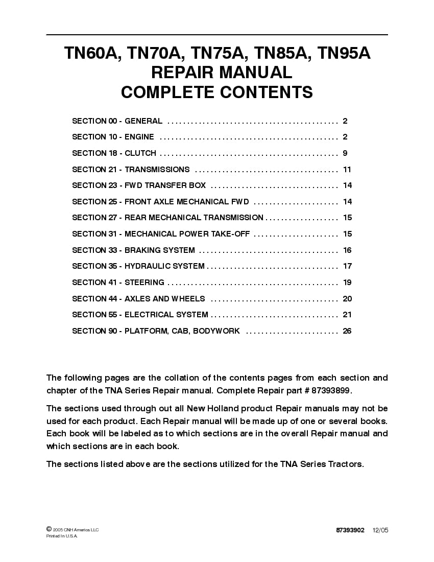 New Holland TN60A TN70A TN75A TN85A TN95A Tractors Workshop Repair Service Manual PDF Download