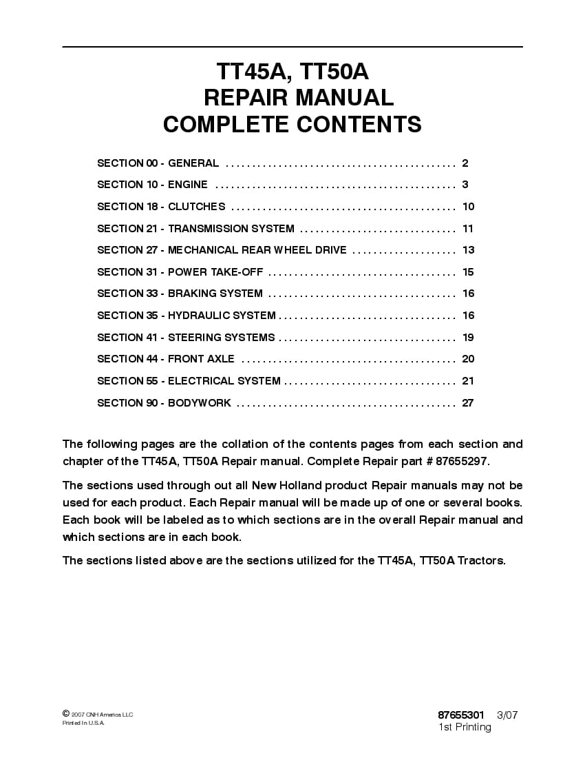 New Holland TT45A, TT50A Tractors Workshop Repair Service Manual PDF Download