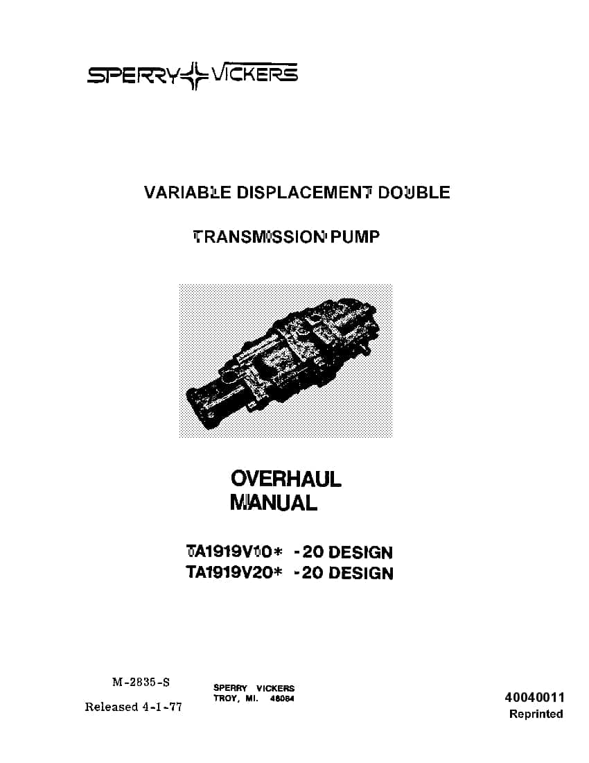 Sperry Vickers TA1919V10 TA1919V20 Transmission Pump Workshop Repair Service Manual PDF Download