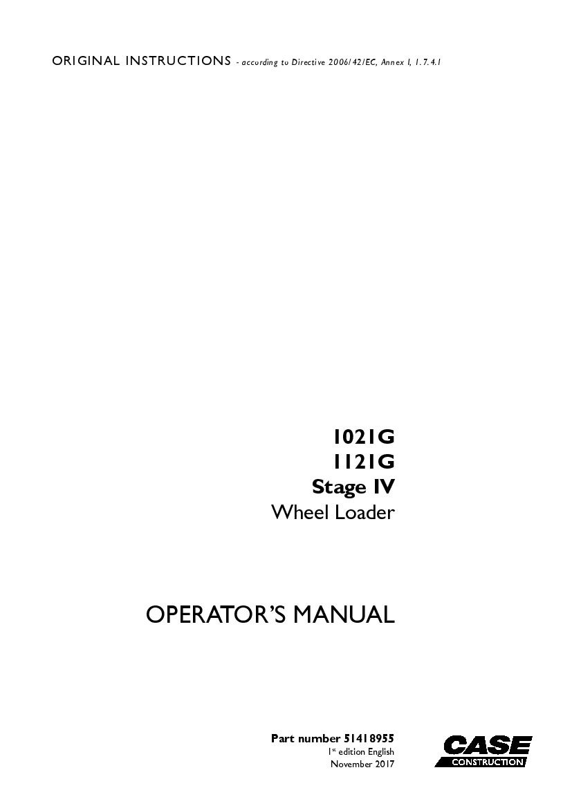 Case 1021G, 1121G Stage IV Wheel Loader operator manuals PDF Download ...