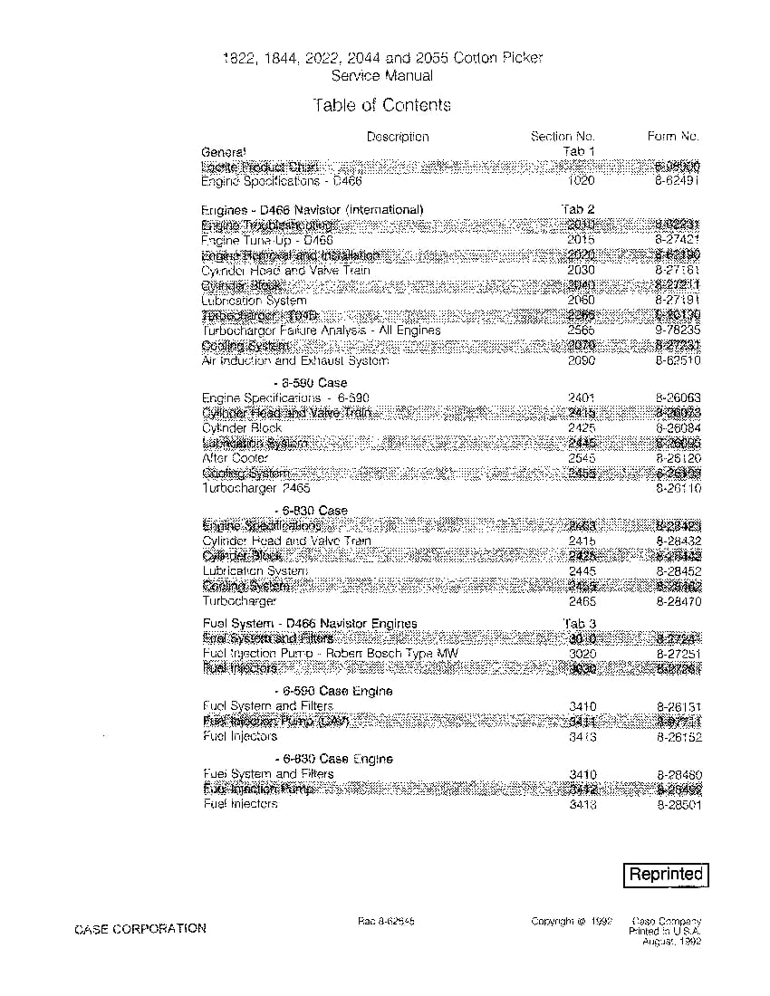 Case 1822 1844 2022 2044 2055 Cotton Picker Repair Service Manual PDF Download