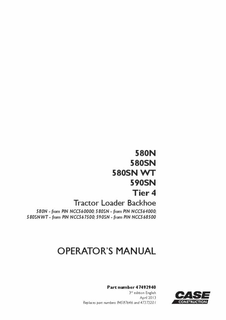 Case 580N, 580SN, 580SN WT, 590SN Tier 4 Tractor Loader Backhoe NCC560000 operator manuals PDF Download