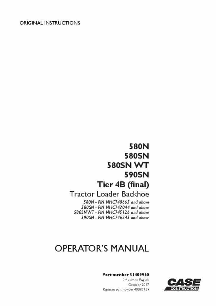 Case 580N, 580SN, 580SN WT, 590SN Tier 4B final Tractor loader backhoe NHC740665 operator manuals PDF Download