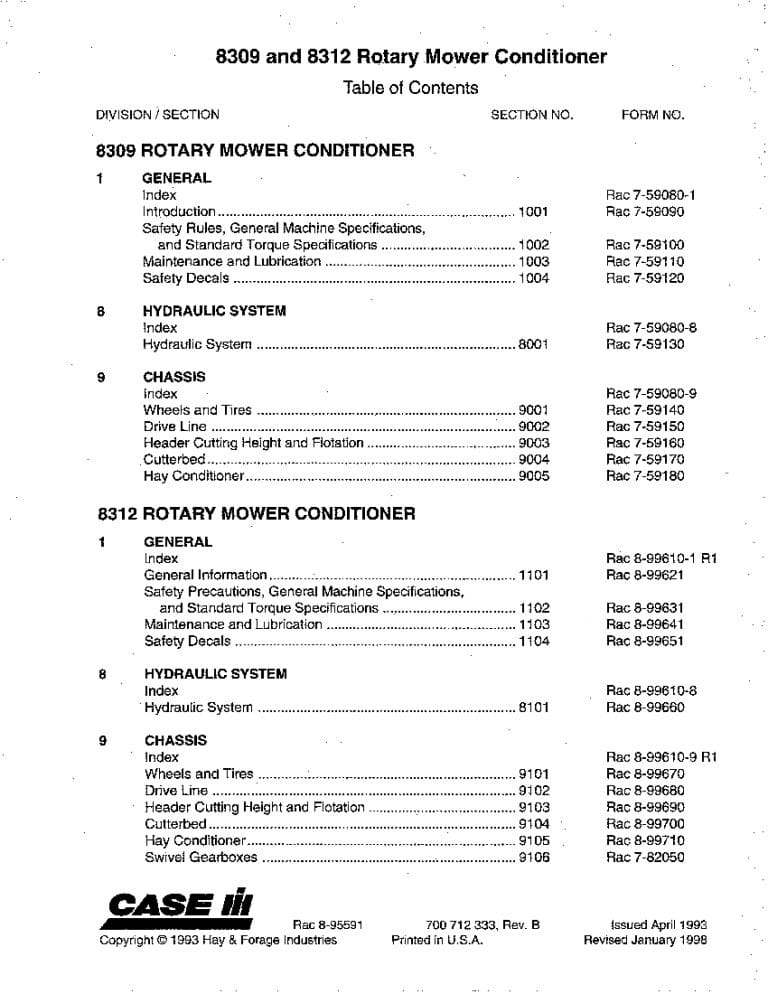 Case 8309 8312 Rotary Mower Conditioner Repair Service Manual PDF Download