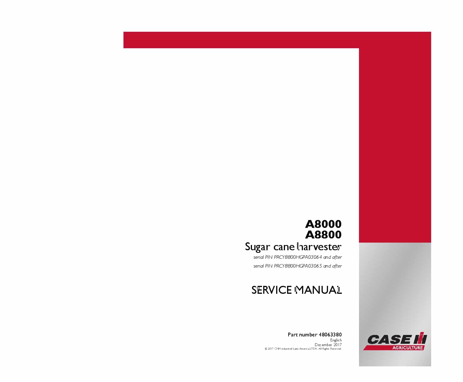 Case A8000, A8800 Sugar Cane Harvester Repair Service Manual PDF Download