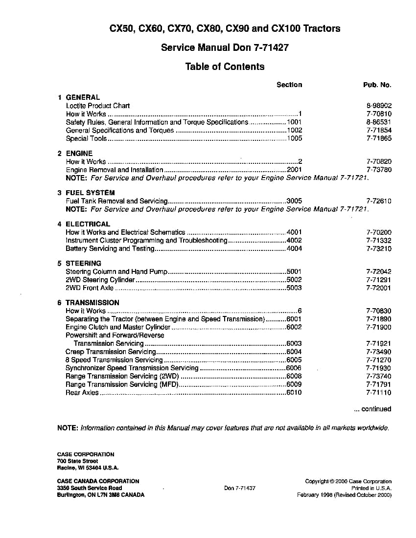 Case CX50 CX60 CX70 CX80 CX90 CX100 Tractors Repair Service Manual PDF Download