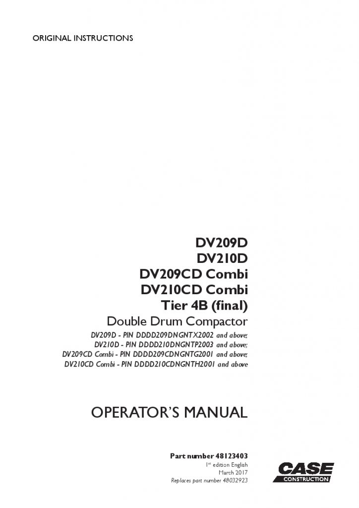Case DV209D, DV210D Combi Tier 4B final Double drum compactor operator manuals PDF Download