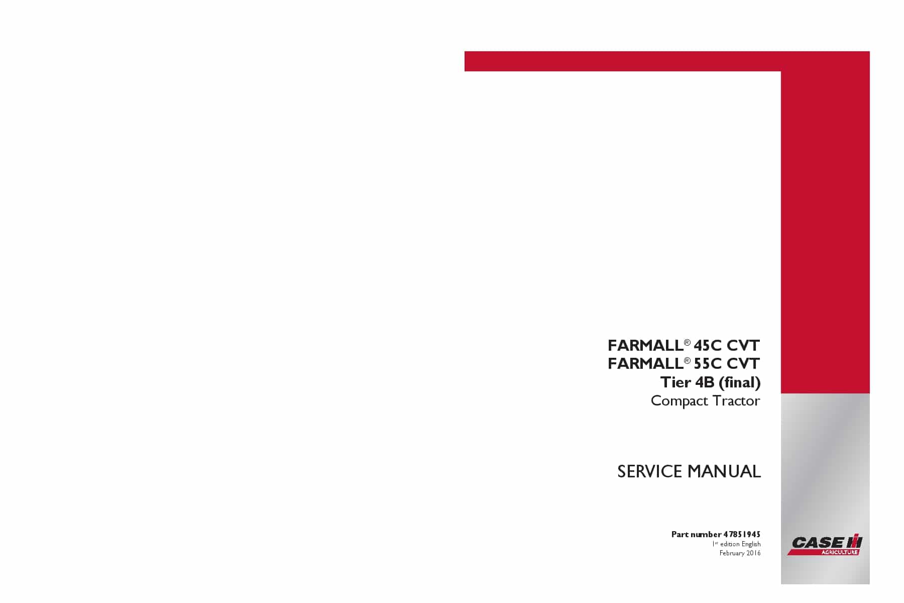 Case Farmall 45C CVT, 55C CVT Tier 4B final Compact Tractor Repair Service Manual PDF Download