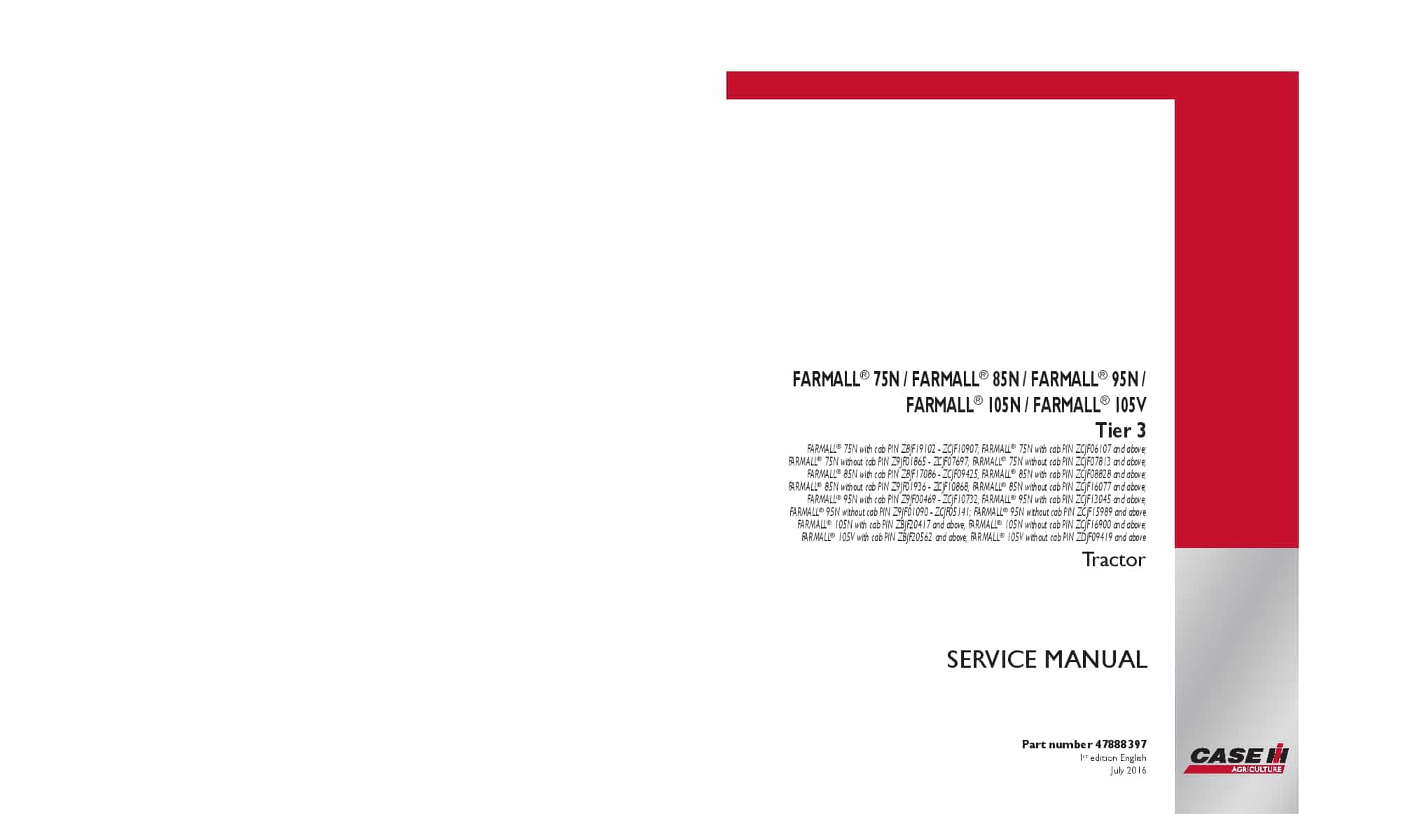 Case Farmall 75N, 85N, 95N, 105N, 105V Tier 3 Tractor Repair Service Manual PDF Download